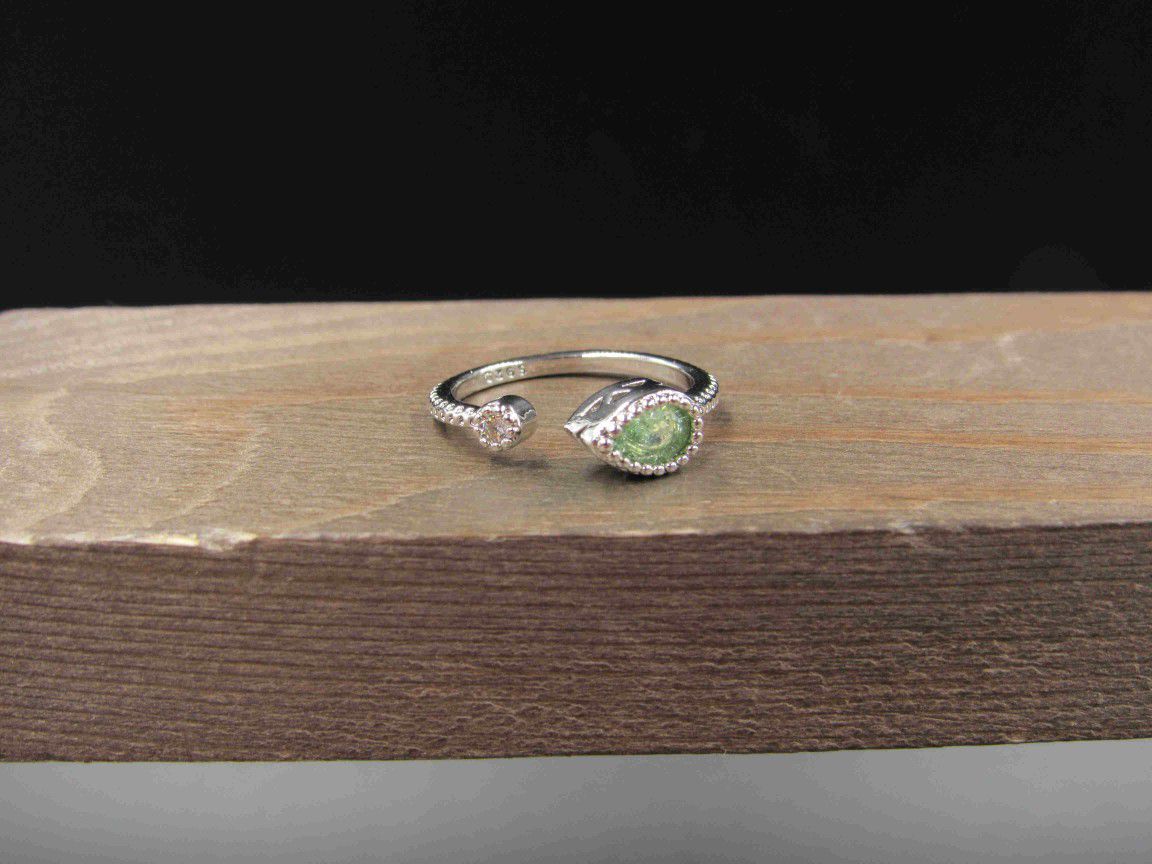 Size 7 Sterling Silver Bright Green And Clear Glass Open Band Ring