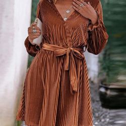 HOTOUCH Women's Velvet Dress V Neck Flare Long Lantern Sleeve Belted Cocktail Party Dress