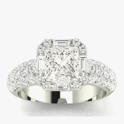 1.4 Carat t.w. Princess Designer Popular Halo Style Baguette And Pave Set Round Diamond Engagement Ring