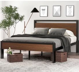 Industrial Metal and Wood Platform Queen Size Bed Frame