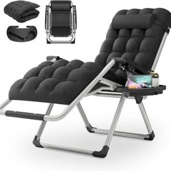 Reinforced Zero Gravity Chair, Folding Pool Beach Lounger, Portable Tanning Chaise with Cushion, Headrest and Side Tray, 330lbs Capacity - Black