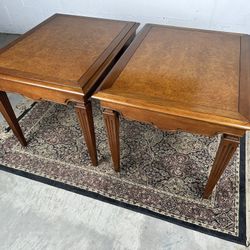 Vintage Set of 2 Fine Arts Furniture Co. Burl Walnut End Tables - Grand Rapids, MI Hollywood Regency Revival Neoclassical Traditional Style Luxury  