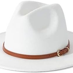 Women Fashion Flat Wide Fedora Hat with Belt Buckles Flat Top Hat Jazz Hat Felt Hat White