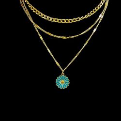3 Layered Chain W/Turquoise Pendant 