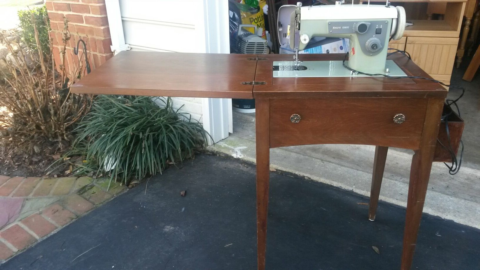 Sears sewing machine with solid cherry wood cabinet