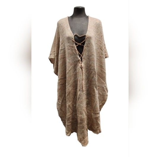 Tan Knit Poncho with Lace-Up Front One Size