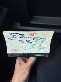 vintage mid-century modern textured rectangular ceramic planter featuring abstract hand-painted. Needs a good cleaning, has stains
