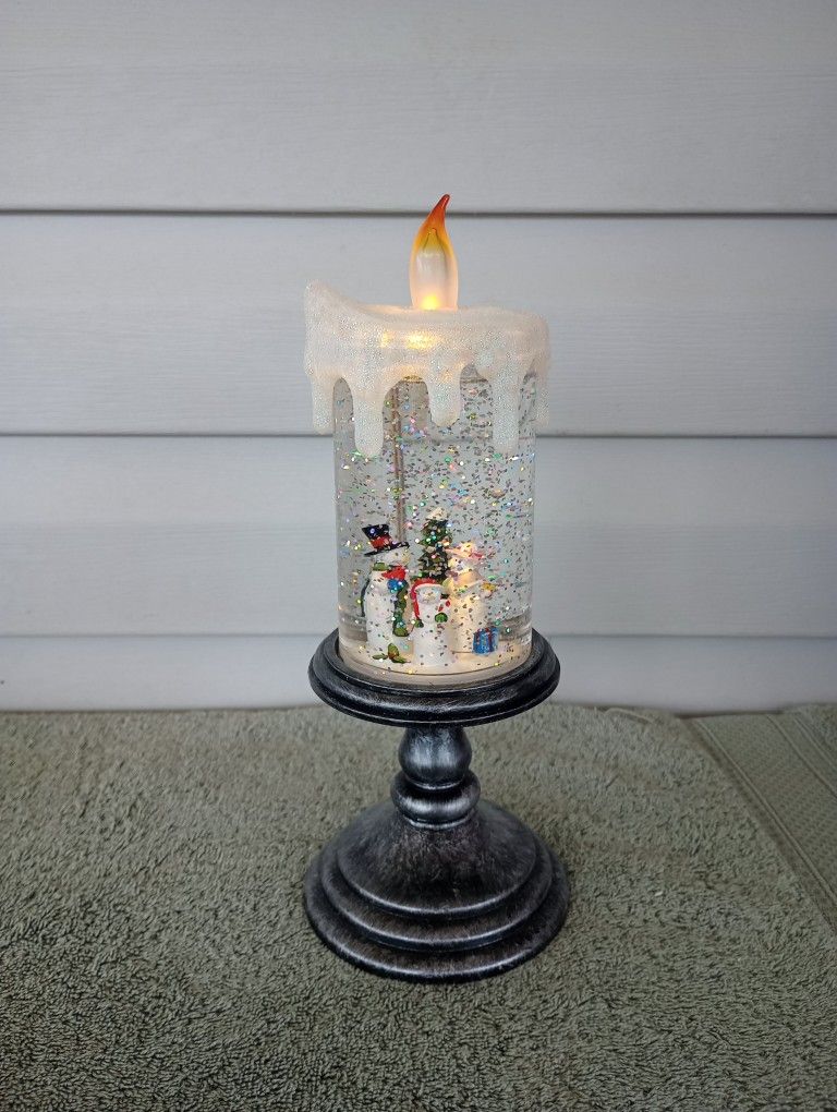 FLICKERING Lighted CANDLE SNOWMAN WATER SNOW GLOBE on HOLDER