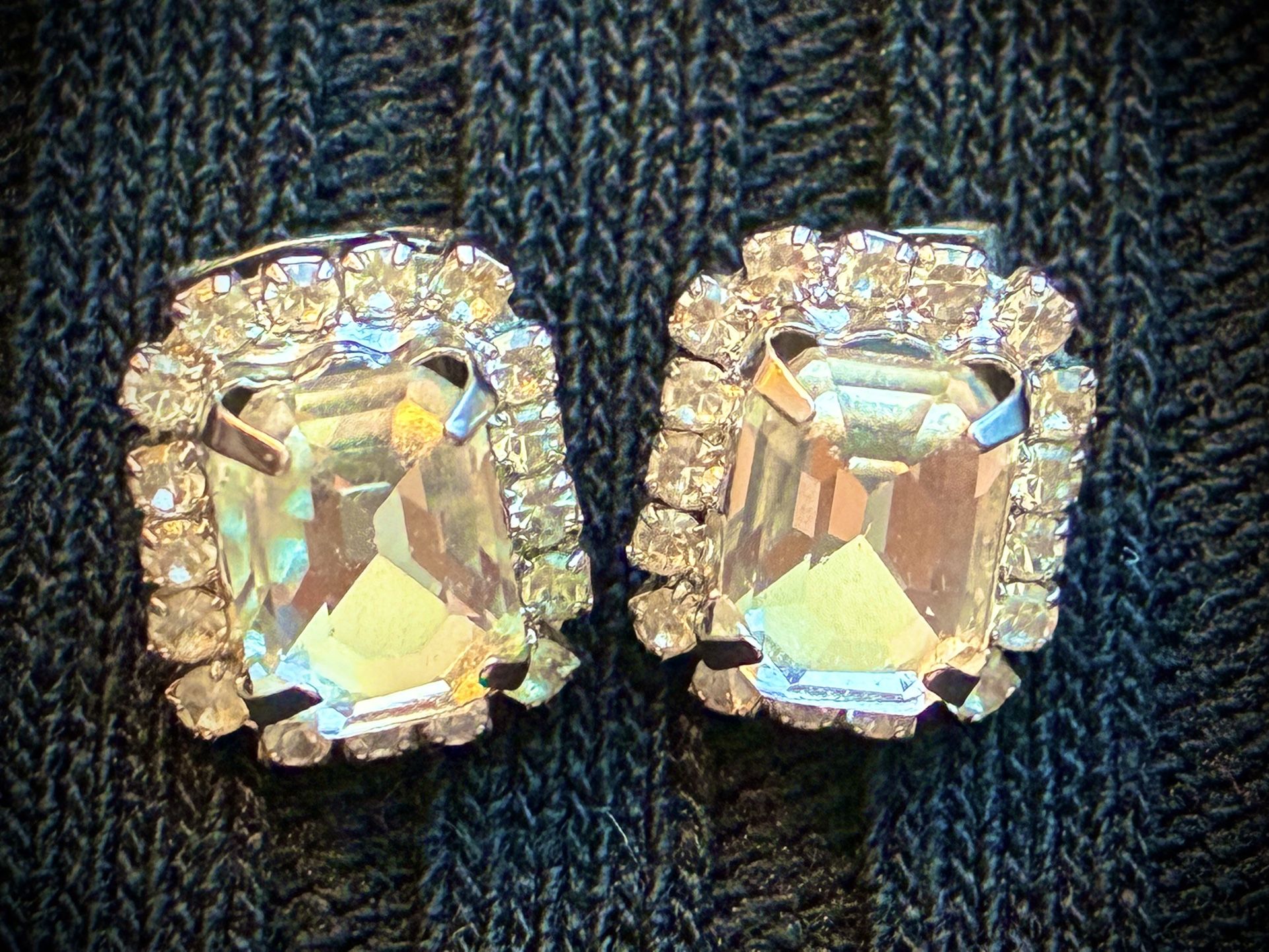 Diamond Cut Clear White Rhinestones Silver Tone Earrings