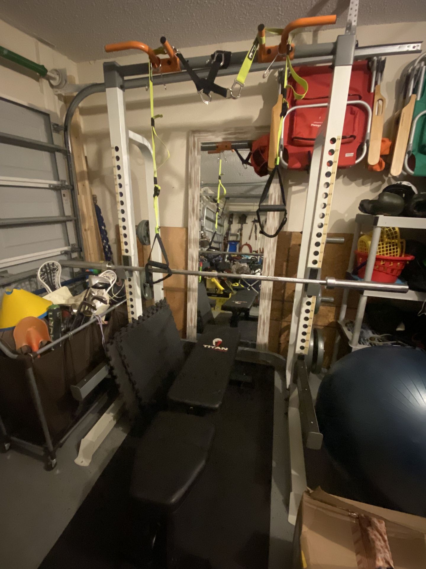 Squat Rack, Olympic Weights, Bench, Preacher Curl Bench & Bar