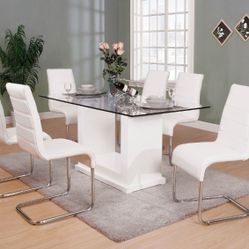 Brand New White Finish Clear 7pc Dining Table Set 