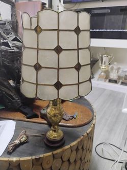Vintage Capiz Windowpane Oyster Shell Shade w Brass Lamp