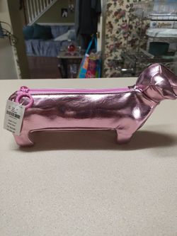 Victoria's Secret PINK Metallic Pink Dog Shaped Pencil Case Cosmetic Bag NWT