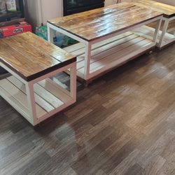 Special Walnut Stain Top Coffee Table Set Set On Caster Wheels 