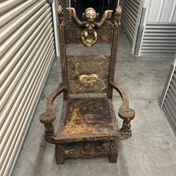 African Solid Wood Hand Carved Throne Chair with Animal Skin Leather