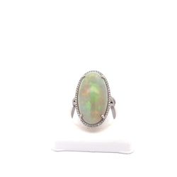 14k White Gold 14.84ct Ethiopian Opal 0.39ct Round Diamond Ring