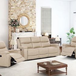 Beige Leather Fully Reclining Three Piece Couch Set
