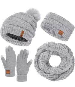 🆕 in 📦 4Piece Womens Warm Winter Hat,Gloves,Scarf,Headband Set,Fleece Beanie with Pom Neck Scarf Knit Gloves Ear Warmers
