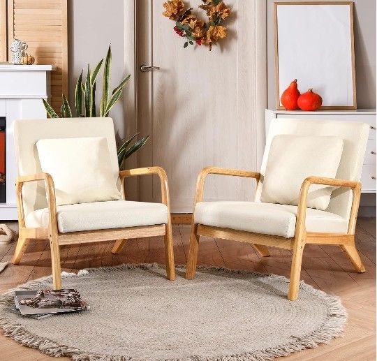 New Mid-Century Modern Accent Chair with Lumbar Pillow, Linen Fabric Comfy Lounge Side Classic Beige set of 2