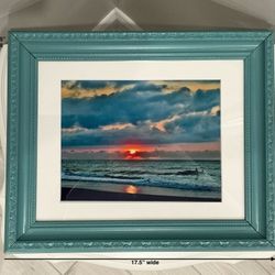 Custom Vintage Teal Framed Colorful Coastal New Sunrise Photograph in a White Mat