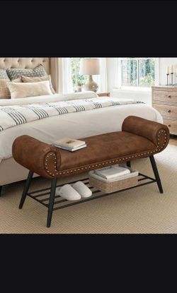 Modern Brown Leather 45 inch Upholstered Shoe Bench Ottoman
