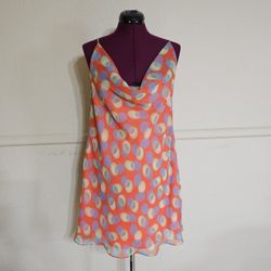 Polka Dot Mini Party Dress Cowl Neck Sheer Orange Multi 19" x 33.5" **Approximate Size Large