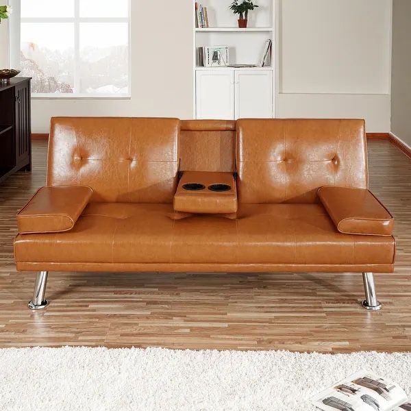 Brown leather futon couch