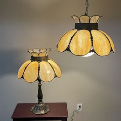 Vintage Bent Glass Swag Lamp and Table Lamp 