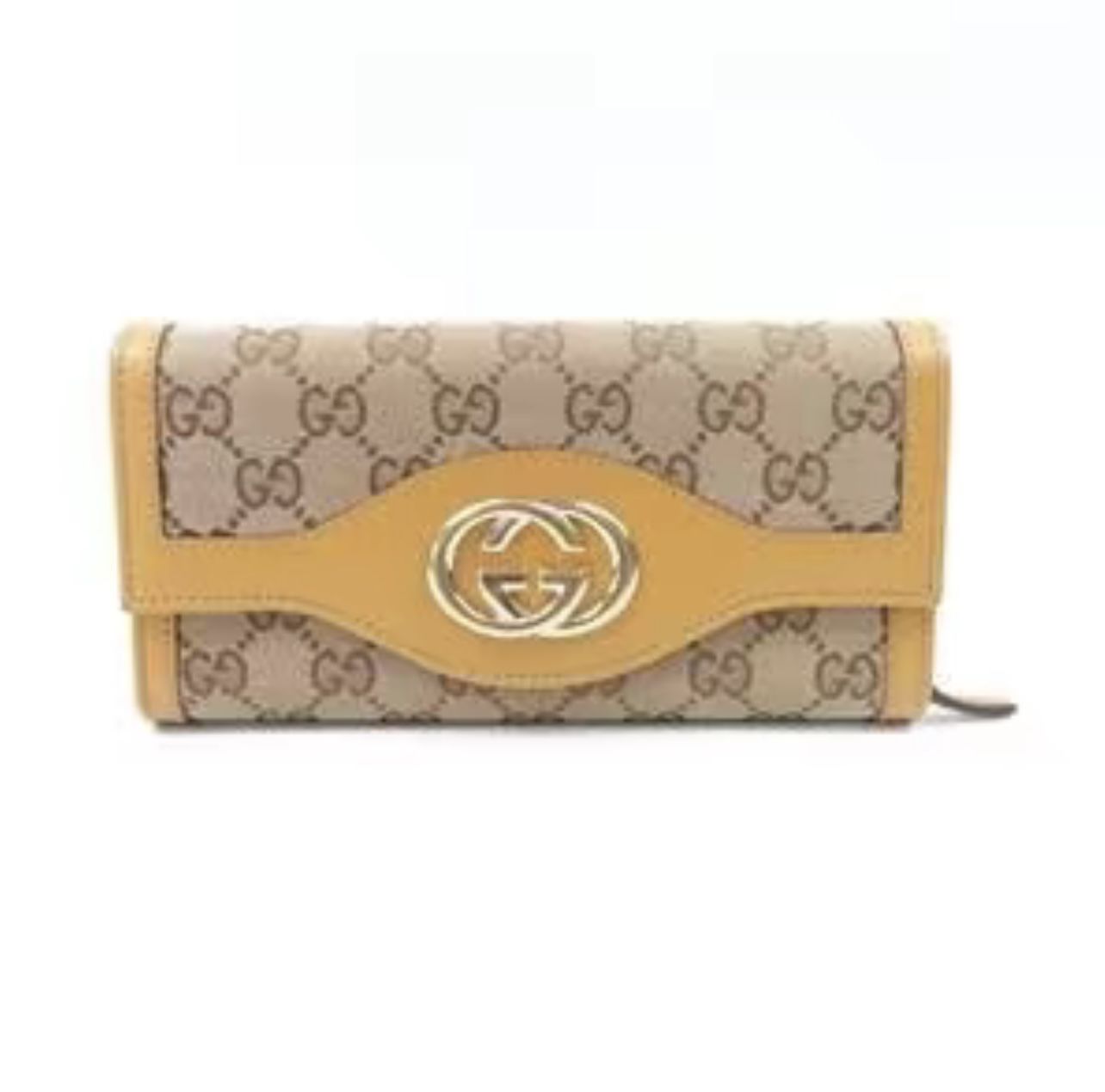 Gucci Gold & Tan GG Signature Canvas w/ Leather Beige & Yellow Long Wallet