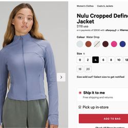 NWT Lululemon Nulu Cropped Define Jacket Water Drop Size 4 for