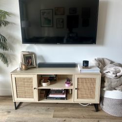 Nathan James 47" Mina Rattan and Wood 2 Door TV Cabinet for TVs up to 59" Light Oak/Matte Black: Media Console with Storage