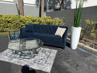 Beautiful Blue Green Turquoise Teal Velvety Sofa Couch Sectional Living Room Set Middle Glass Coffee Table Side End Tables