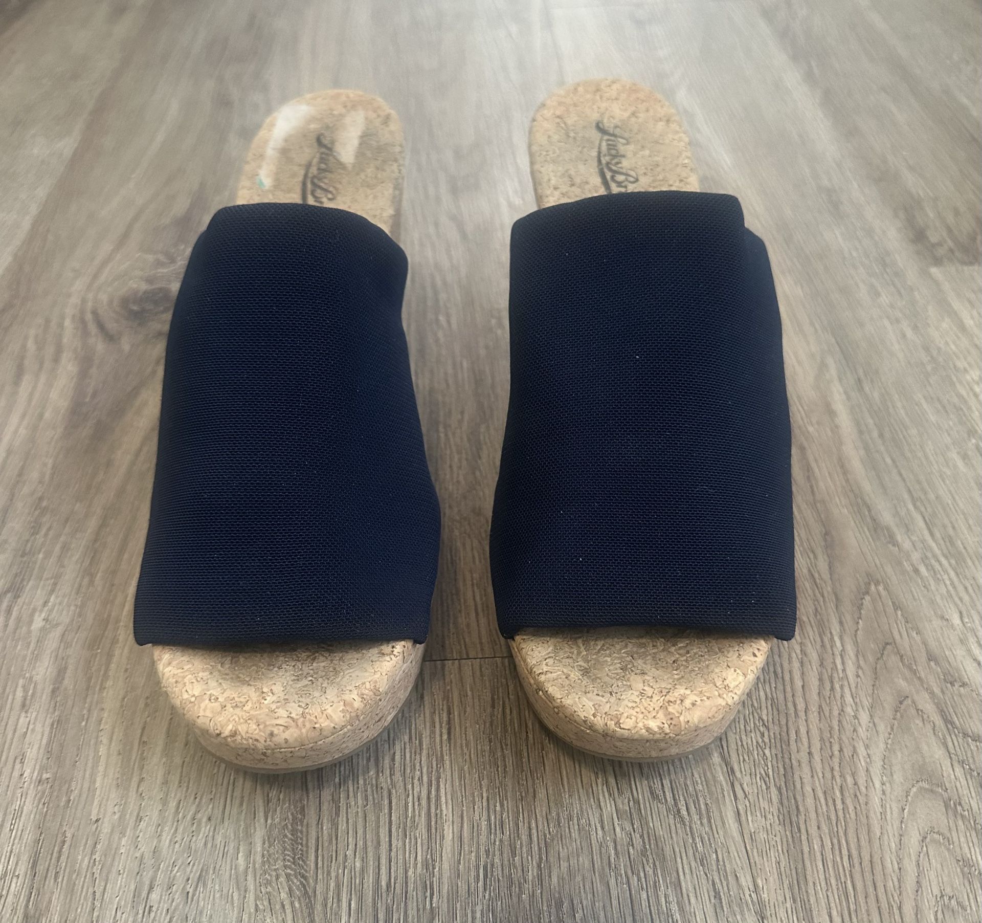 Lucky Brand Navy Blue, Cork Slip On heel Wedges, “ Marilyn” 4” Heel, 1.1/4” Platform. Worn Once SIZE 10