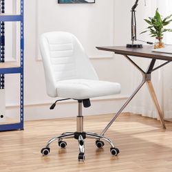 Mid Back PU Leather Armless Desk Office Chair, Modern Vanity Chair with Rolling Wheels, Metal Base White