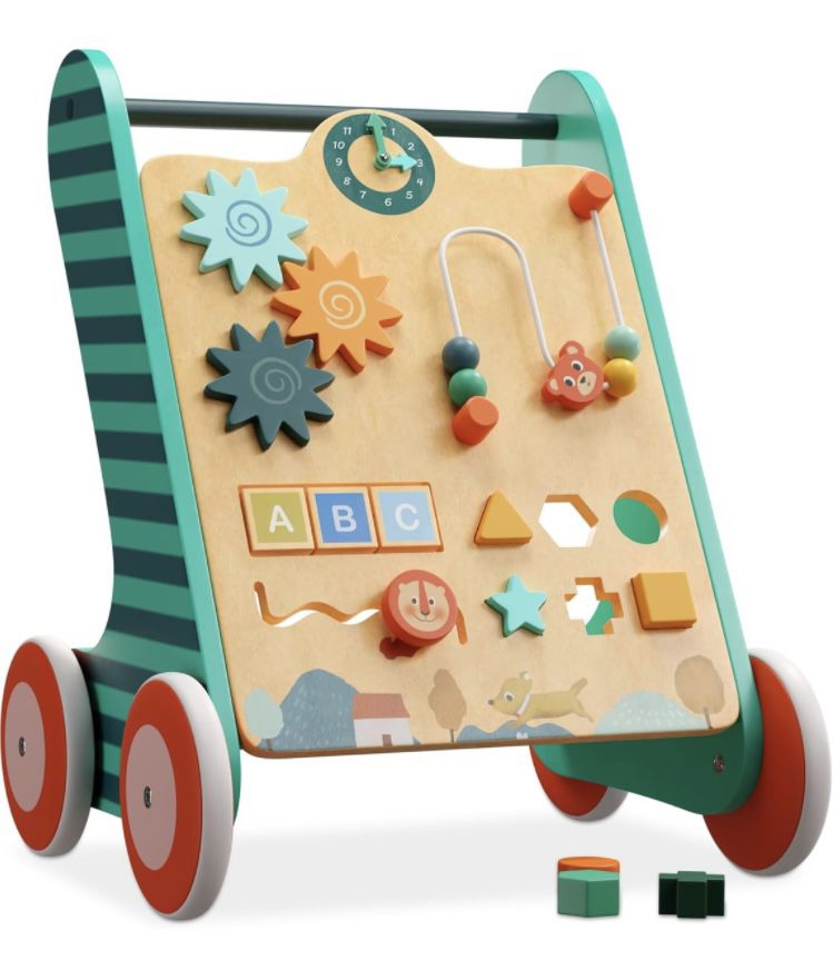 Tiny Stars Wooden Baby Walker with Wheels - Walk Around Baby Activity Center Analog Clock, Flip Blocks, Shape Sorter & More Toy