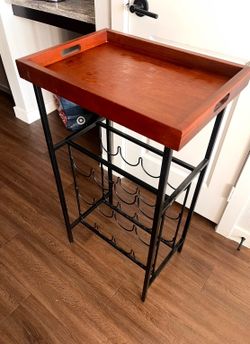 Metal Bottle Rack with Wood Table Tray Top in Great Condition (pick up in Cedar Park)