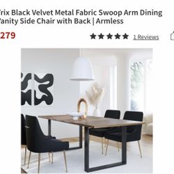 Trix Black Velvet Metal Fabric Swoop Arm Dining Vanity Side Chair with Back | Armless