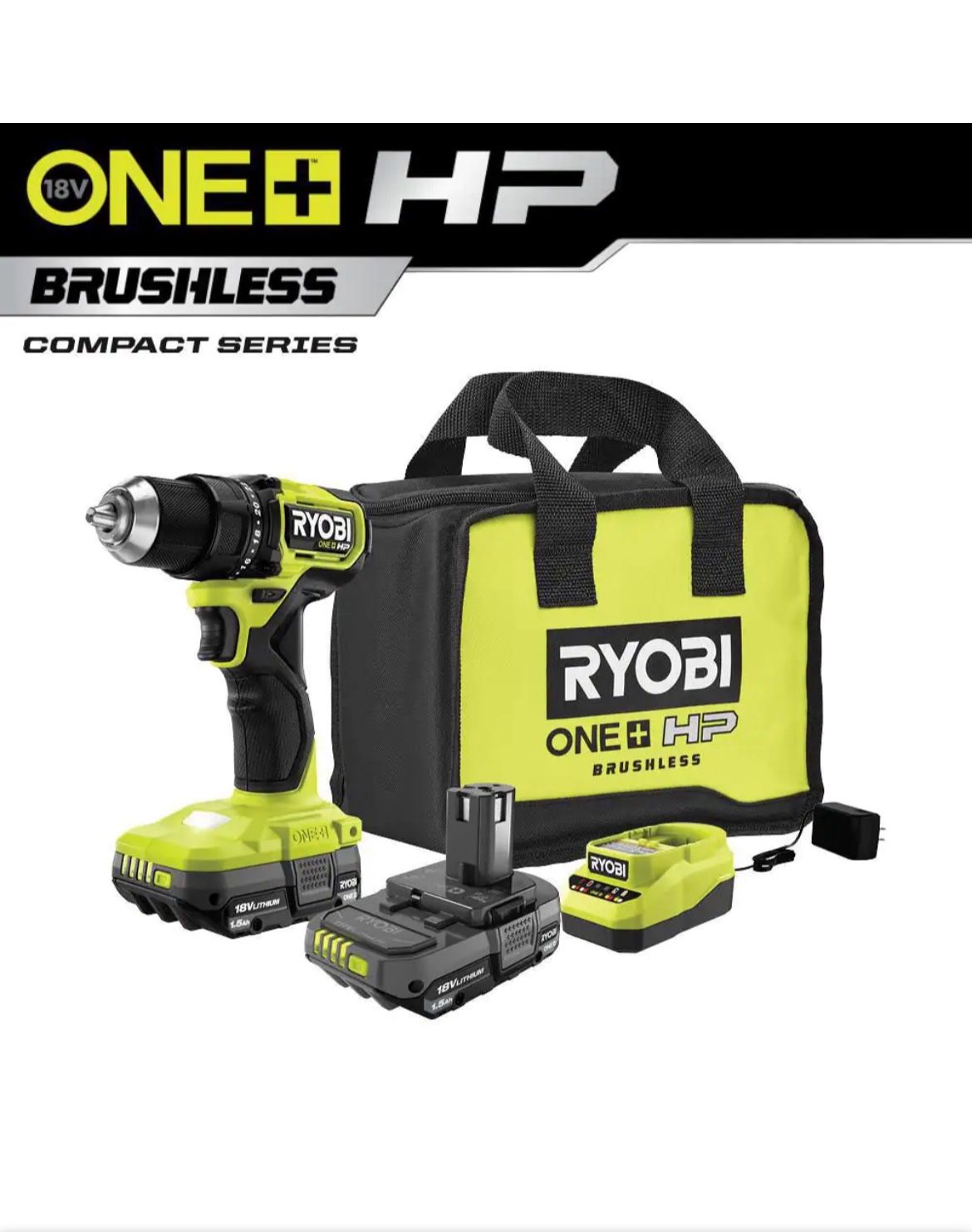 RYOBI ONE+ HP 18V Brushless Cordless Compact 1/2 in. Drill/Driver Kit with (2) 1.5 Ah Batteries, Charger and Bag