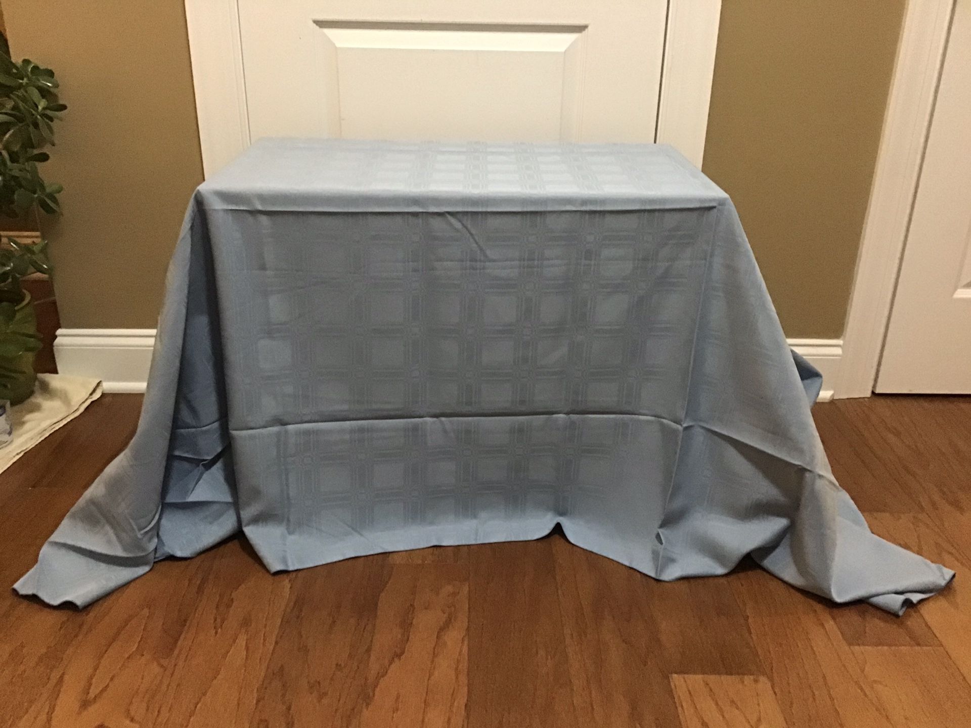 Large Oblong Light Blue Tablecloth with Repeating Square Pattern