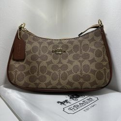 COACH Teri Shoulder Bag – Signature Canvas (Light Brown / Brown) with Gold Hardware