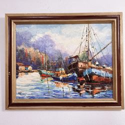 Original Oil Painting Sail Boats Sunset Shore