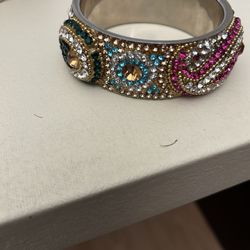 Colorful Indian Kundan Style Cuff Bracelet – Gold Tone Rhinestone Bangle