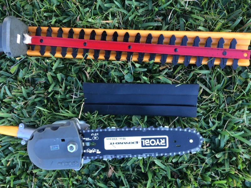 Ryobi EX26 Expandit with pole saw, hedge trimmer, tiller, brush cutter