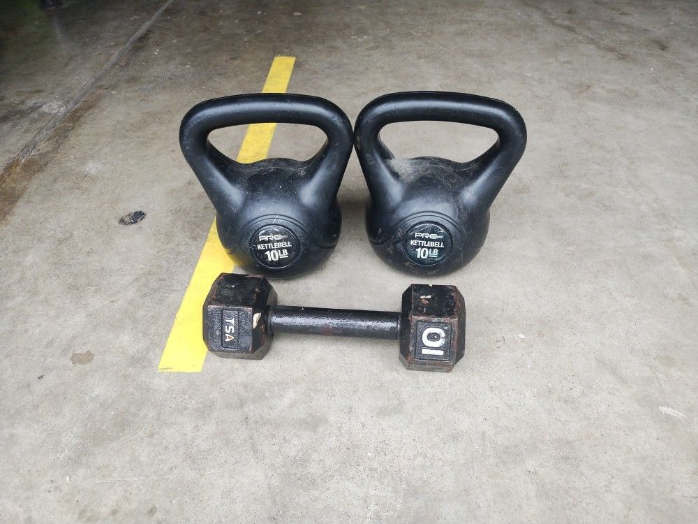 Kettlebells and Dumb-bell. 
