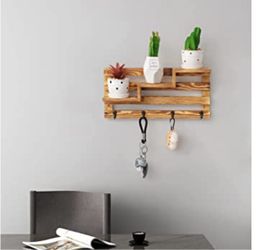Coral Flower Rustic Wall-Mounted Entryway Burnt Wood Display Shelf with 4 Key Hooks, 15.8 inches, Torched Brown