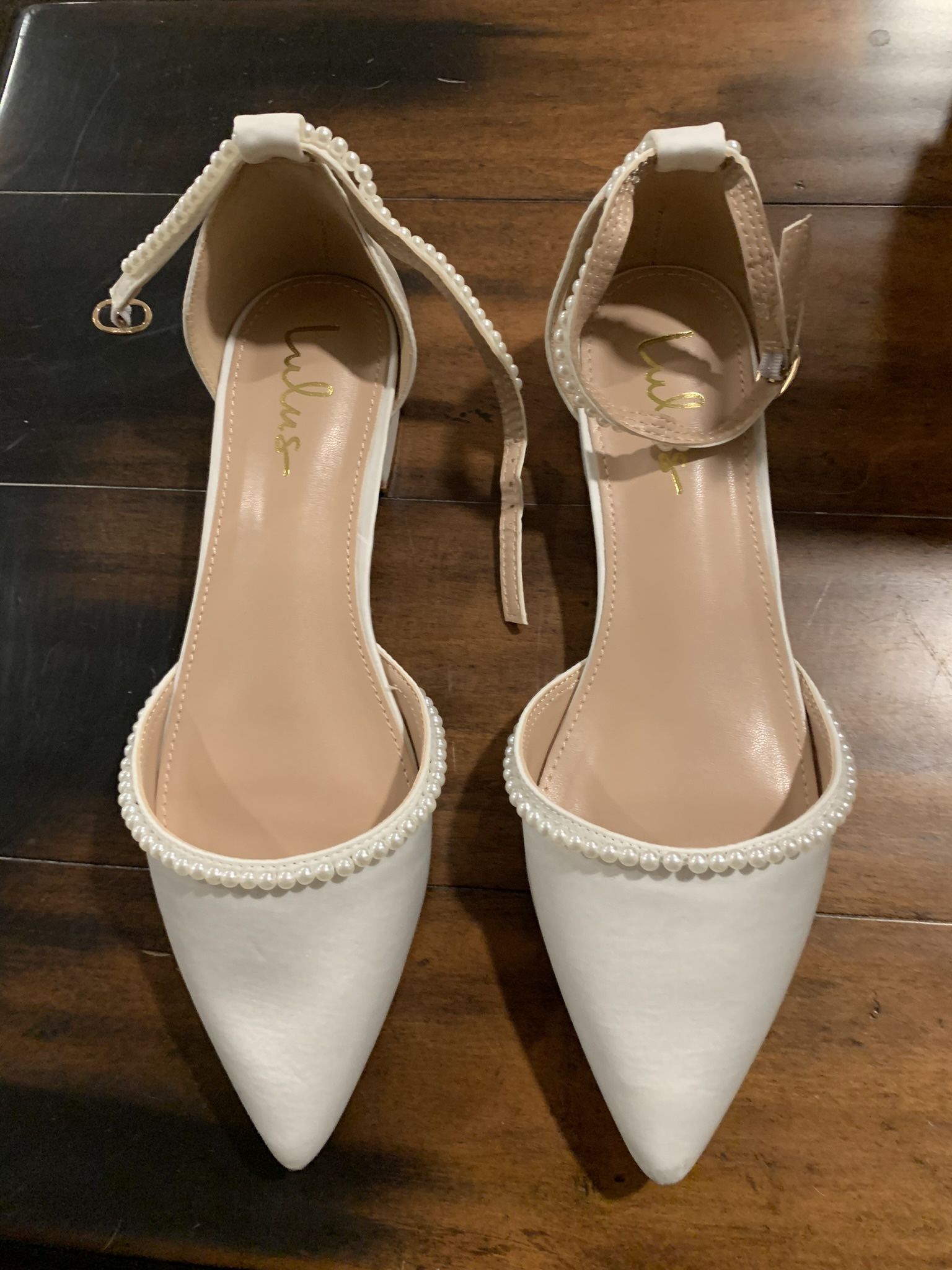 Women's Lulu's Phoebee White Satin Pearl Pointed-Toe Ankle Strap Flats