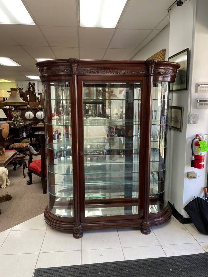 Early 1900's Glass Curio Cabinet, Hand Carved Mahogany, Mirrored Back