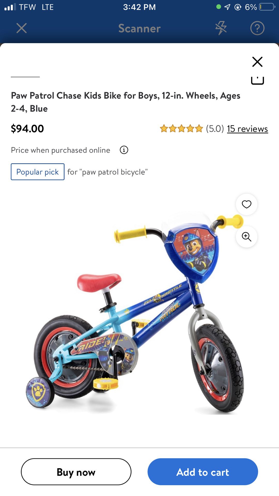 Paw patrol chase kids bike for boys, 12-in wheels, Ages 2-4 Blue