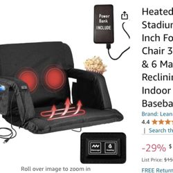 Brand New Heated Massage Stadium Seats, 25 Inch Folding Bleacher Chair 3 Levels of Heat & 6 Massage, 6 Reclining Positions for Indoor Stadiums, Baseba