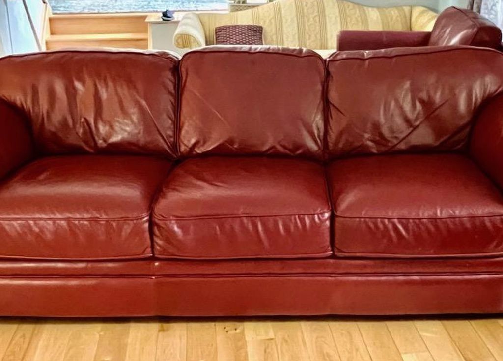 2 Leather 86 “ couch Mea W/ Matching Chair Color: Brick red.  Originally From Macy’s  